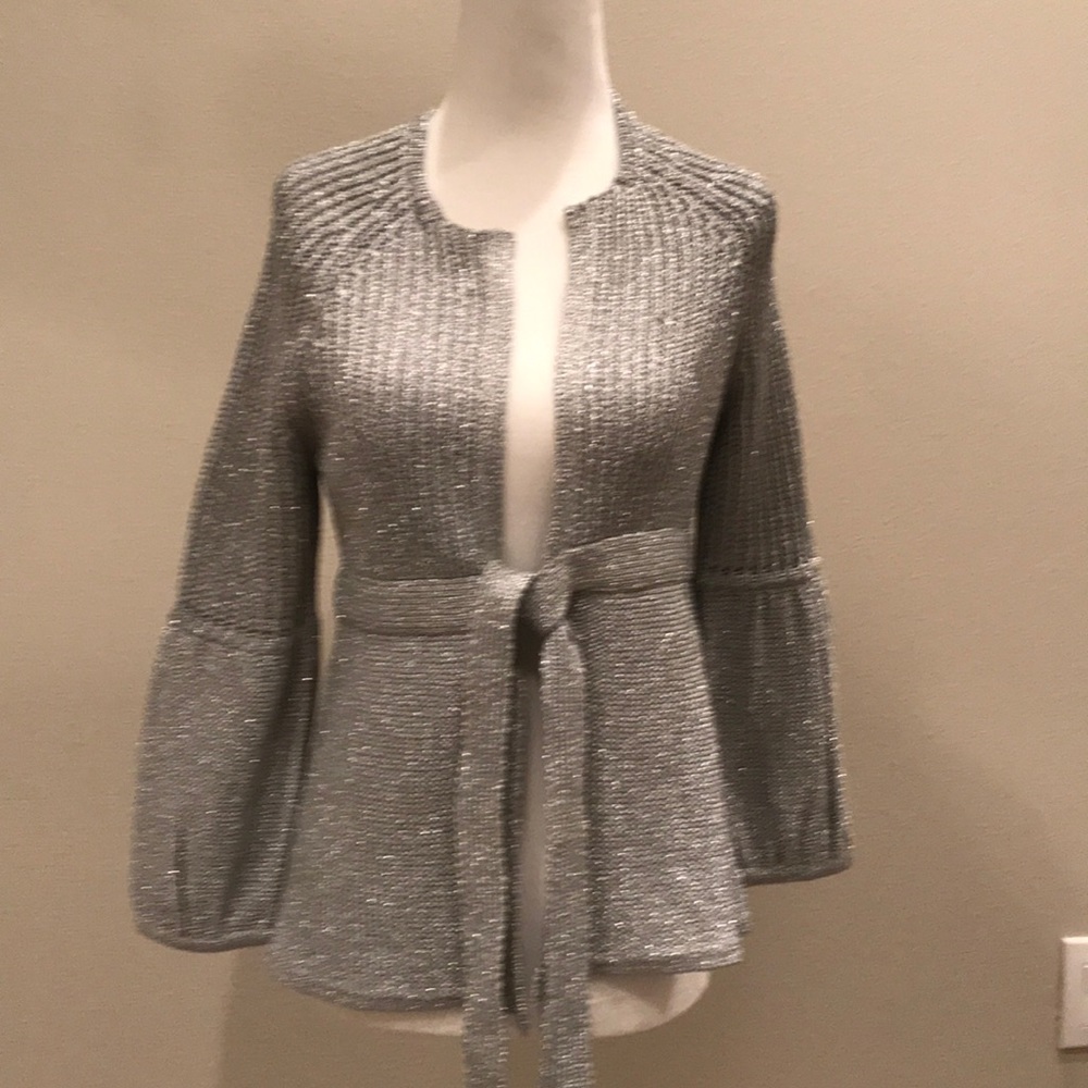 Tahari Silver Sparkle Tie Sweater Cardigan